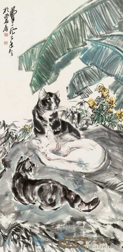 黄胄 1992年作 蕉阴三猫 立轴 134.5×67cm